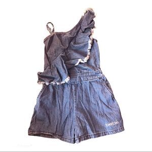 Bebe girls 7/8 ruffle denim romper shorts